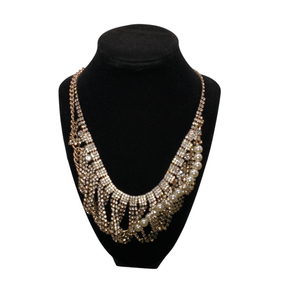BR Mixed Media 19.5" Necklace Gold Tone Rhinestones Faux Pearls Sparkle Occasion - Picture 3 of 8